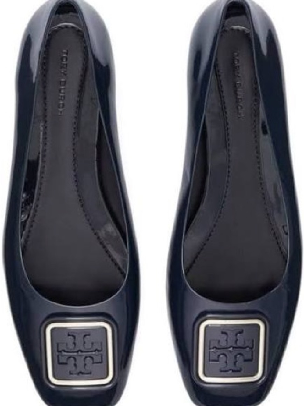 Tory Burch Navy Patent Logo Square-Toe Ballet Flats